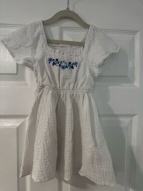 Cotton On White Girls Cotton Gauze Dress with Blue Floral Embroidery